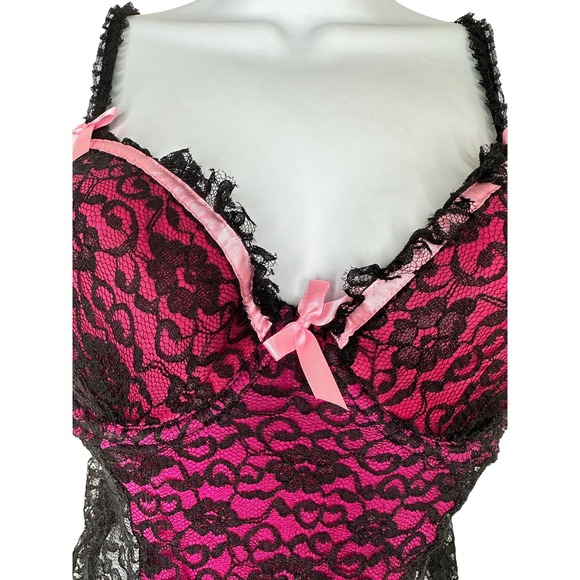 VICTORIA'S SECRET Black Pink Lace Babydoll Teddy Lingerie 36B Garter One Piece A - Picture 2 of 6